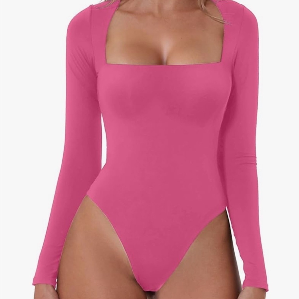 Qinsen Long Sleeve Pink Bodysuit size small magenta pink square neck slim fit